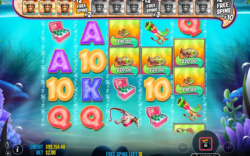 Free spins-rundan med wild-fisherman och fiskar på skärmen